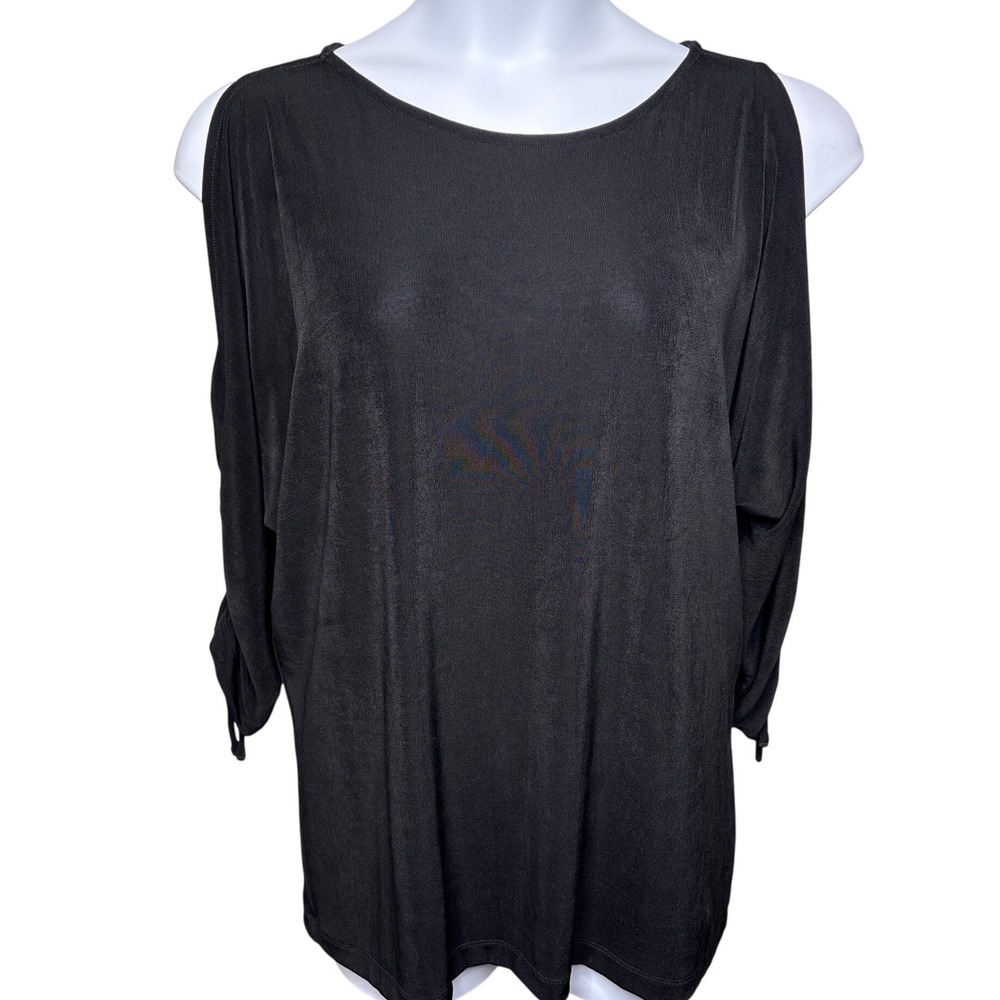 TRAVELERS BY CHICO'S Liquid Knit Black Cold Shoulder Top Sz 3/XL Ruched Sleeve